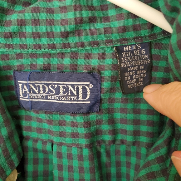Lands End Size M 15 1/2 Plaid Long Sleeve Button Front Shirt Blue Green - Picture 3 of 4